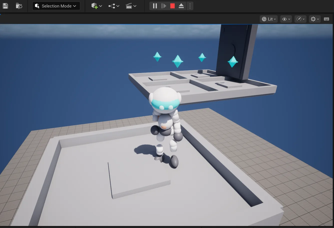 A white robot mid-jump over a greybox platform, data chips floating ahead of it and a vault door at the end of the roof.
