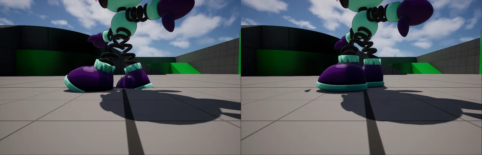 The robot’s boots from the side, same walk frame twice. Left, post-process rig off: both boots tilted and sunk into the floor. Right, rig on: both boots flat on top of the floor.
