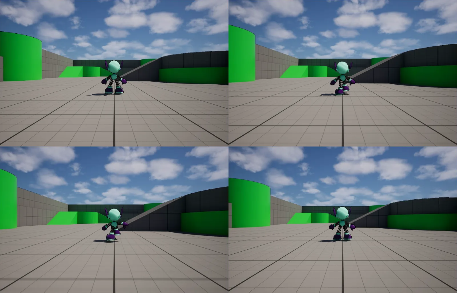 The robot in play-in-editor, four frames from behind: standing, walking, running and just after landing, boots on the floor in all four.