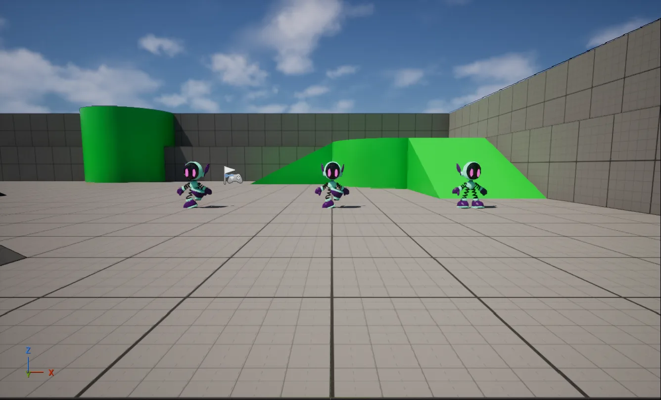 The same walk frame on three robots: the left and middle ones with the foot IK node, legs and boots twisted; the right one without it, standing straight.