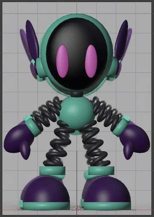 Main in front orthographic view with the concept behind it: the arm springs leave the torso lower, and the concept’s hands show slightly above the model’s.