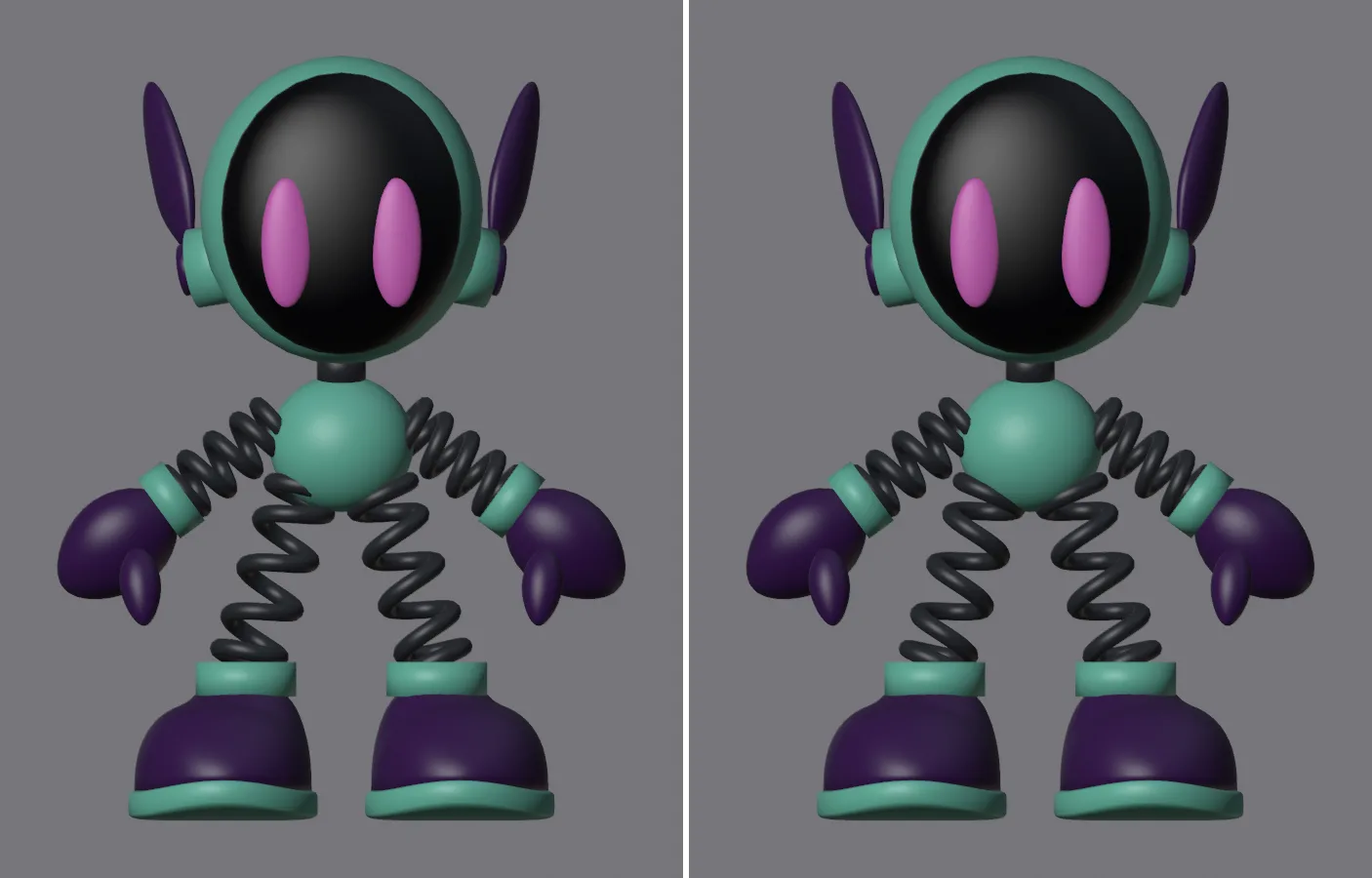 The live scene on the left and the scene rebuilt by the script on the right, front view.