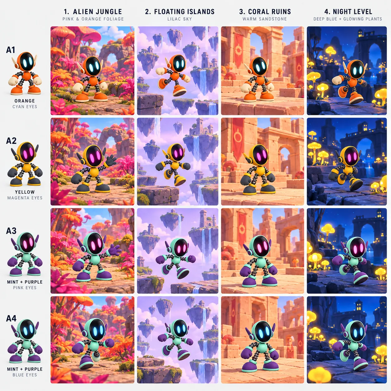 A 4 by 4 grid: orange, yellow, mint with pink eyes and mint with blue eyes robots as rows, over an alien jungle, floating islands, coral sand ruins and a night level as columns.