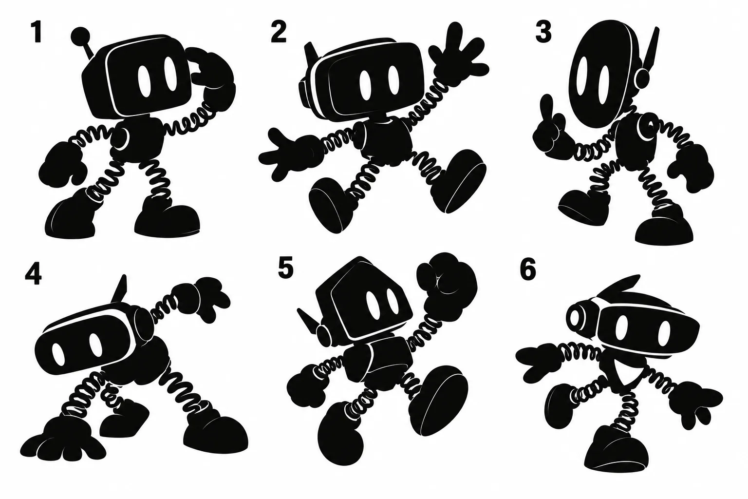 Six black robot silhouettes, numbered 1 to 6, with different head shapes: a rounded square with an antenna, a wide visor, a tall oval, a capsule, a tilted box and a visor-like head.