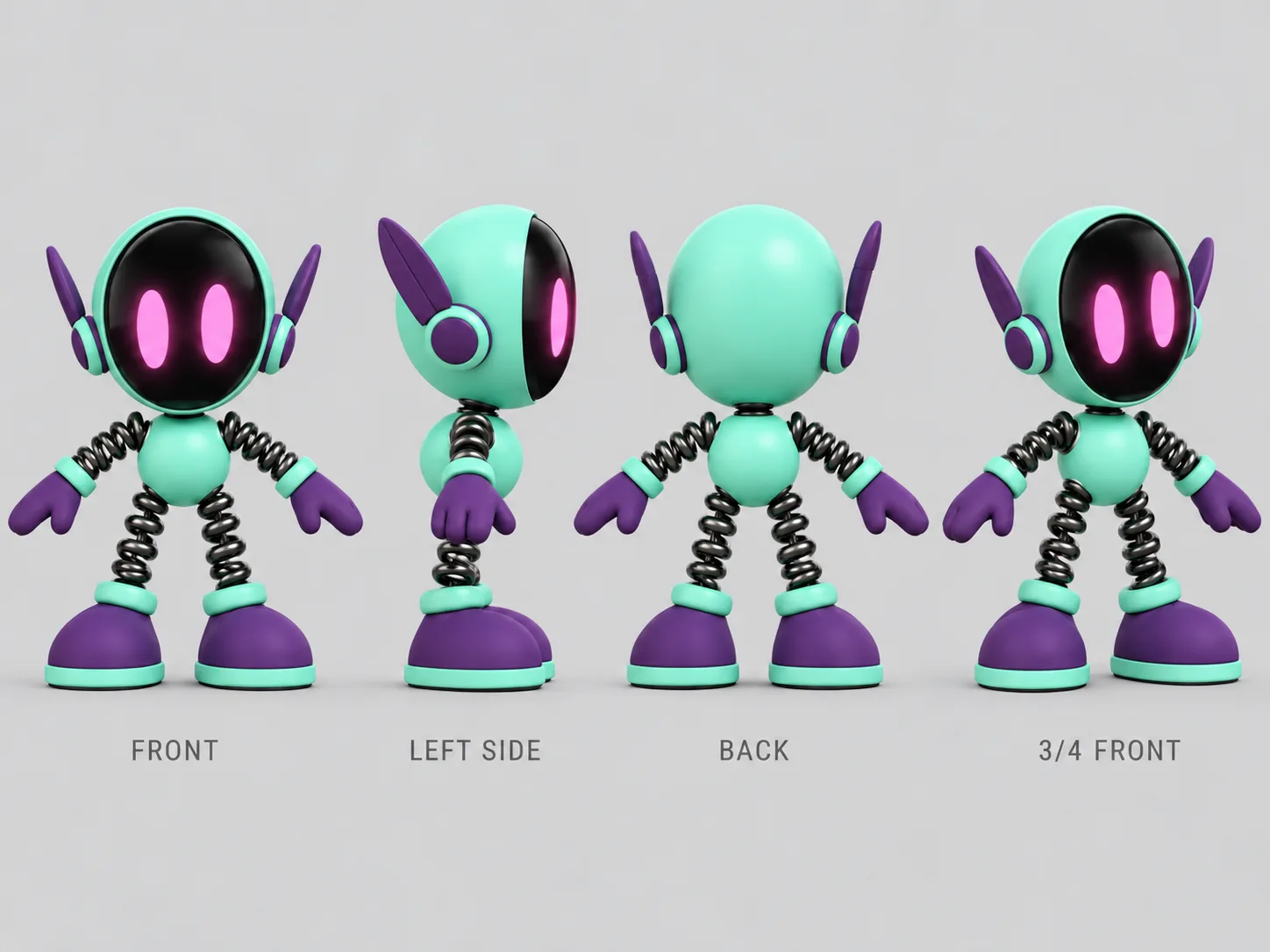 The approved turnaround of Main: a mint robot with a tall oval head, a black screen face with two pink eyes, two purple fins, gunmetal spring arms and legs, purple mitten hands and round purple boots, shown from the front, left side, back and 3/4.